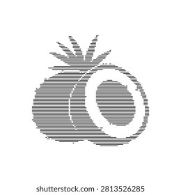 Coconut fruit cross section showing textured shell and white meat illustrated in minimalist linear style isolated on white background for health food.