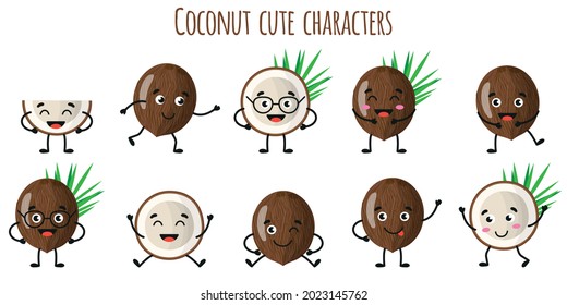 Los frutos de coco adorables personajes alegres con diferentes poses y emociones. Recogida de alimentos antioxidantes de vitamina natural. Dibujo vectorial aislado. Concepto de niños.