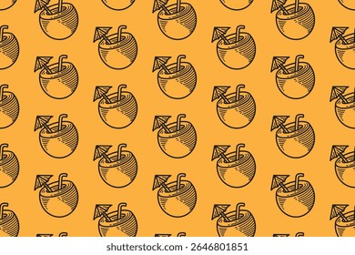coco bebida de frutas doodle padrão sem emenda no fundo azul para embalagem e mercadoria. fundo padrão de bebida tropical. desenhado à mão de coco bebida de verão gravura papel de parede ilustração.