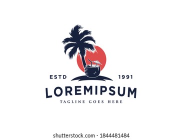 Coconut Fruit Drink Logo Design Inspiration. Coconut Drink Under the Coconut Tree Vector Template. Illustration of a Coconut Drink in Summer.