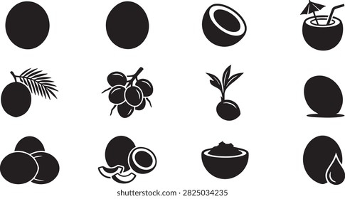 Coconut fruit icon set with black whole half and tropical drink designs for food packaging projects