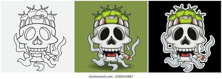 Coconut Fruit Inside Skull Head With Smoking Character Cartoon. Black White, Colorful and Sticker Style. For T shirt print, Brand Logo, Label and Mascot product. Vectors Illustrations