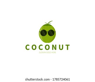 Coconut fruit logo. Coconut with glasses vector design.
