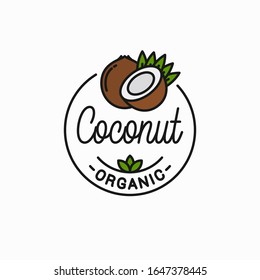 Logo de la fruta de coco. Logotipo lineal redondo de la rodaja de coco sobre fondo blanco