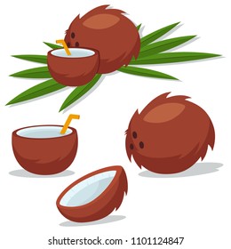 Coconut fruit with milk and leaf. Vector cartoon flat icons set isolated on white background.