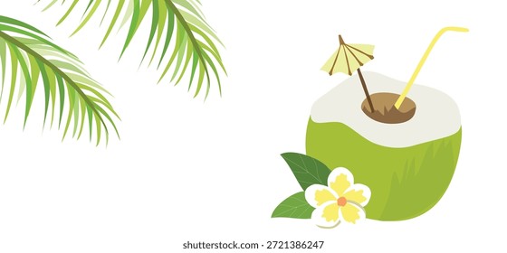 Fruta de coco en la Ilustración vectorial de la playa. Hola concepto de vacaciones de verano
