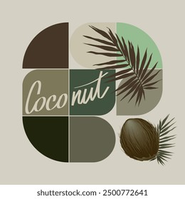 Coconut fruit with palm branch on abstract geometric background. Botanical wall art vector. Earth tone boho foliage hand drawing text with abstract shapes. Plant art for print, t-shirt, poster, banner