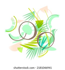Coconut fruit and palm leaves in flat and decorative style