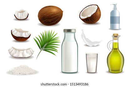 Coconut fruit set, vector illustration isolated on white background. Realistic whole and half coconut, chips, milk, oil, cosmetics, green palm tree leaves. Organic natural product.