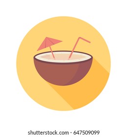 Coconut fruit with straw and umbrella on circle icon in flat vector style isolated on the white background.
