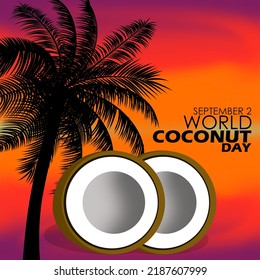 Coconut fruit and coconut tree silhouette with bold text on sunset background, World Coconut Day on September 2