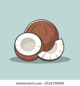 Coconut Fruit Vector Icon Illustration. Coconut and Slices of Coconut. Fruit Icon Concept White Isolated. Flat Cartoon Style