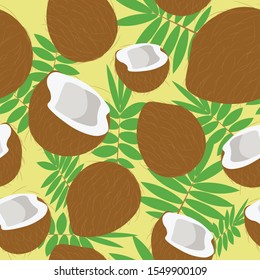 Coconut fruits and palm leaves seamless pattern. Illustration of brown unpeeled nuts, tropical food.