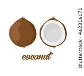 Coconut fruits poster in cartoon style. depicting whole and half. fresh juicy. isolated on white background including caption Coconut. Vector illustration.