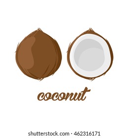 Afiche de frutas de coco al estilo de las caricaturas. representando todo y medio. jugoso fresco. aislado sobre fondo blanco, incluyendo la leyenda Coconut. Ilustración vectorial.