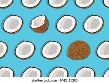 Coconut fruits seamless pattern whole and piece on green blue background. Tropical fruit vector illustration