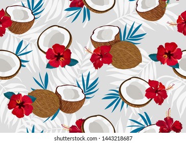 Coconut fruits seamless pattern whole and piece with blue leaves on gray background. Summer background. Tropical fruit vector illustration