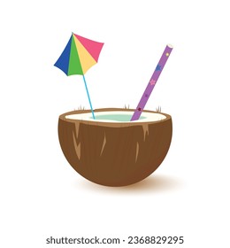 Coconut glass with straw and umbrella. Vector illustration