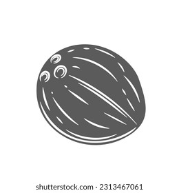 Ilustración vectorial de icono de glifo de coco. Sello de coco entero con cáscara y agujeros, nuez cruda de palmera de jardín de verano asiático o jungla, un coco tropical orgánico redondo con cáscara