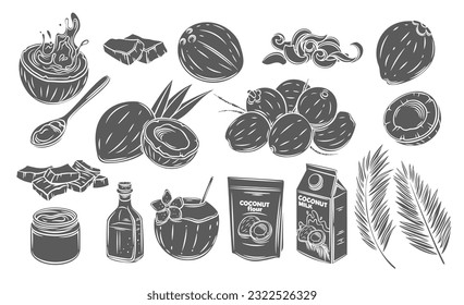 Coconut glyph icons set vector illustration. Stamp of whole coco fruit with shell and cut into slices, pieces and shavings, dry and fresh milk package, bottle and spoon with coconut yoghurt or spread