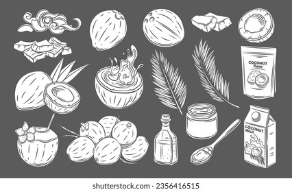 Coconut glyph icons set vector illustration. White stamps of coco fruit, plant and product collection isolated on black, silhouettes of copra coconut cut into slices, fresh milk and flour in package