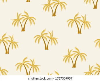 Coconut gold palm tree pattern textile material tropical forest background. Beautiful vector wallpaper repeating pattern. Minimalist tropical plants, coconut trees, beach palms textile background.