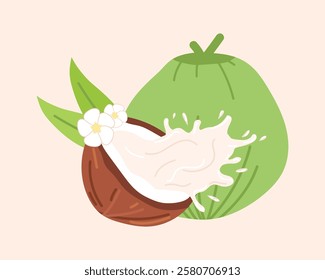 coconut. green coconut. drinking coconut. A tropical fruit. coconut grew on a palm tree. milk. an exquisite cocktail. a fruit painted in a flat style. vector. delicious milk.