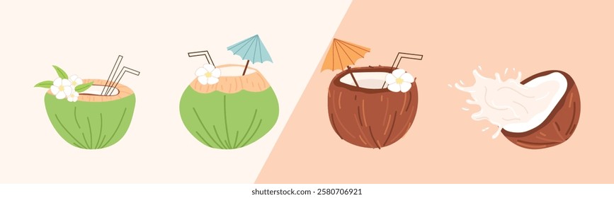 coconut. green coconut. drinking coconut. A tropical fruit. coconut grew on a palm tree. milk. an exquisite cocktail. a fruit painted in a flat style. vector. delicious milk.