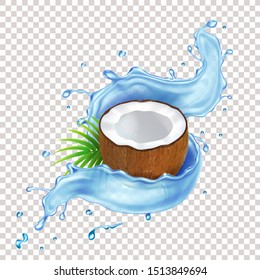 Coconut with green leaves and blue water splash. Vector realistic icon.