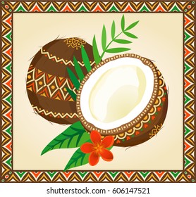 Coconut with green leaves and red plumeria flower. Hand drawn coconut vintage ethnic banner. Vector illustration