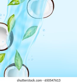 Coconut with green leaves in a water splash. 3d illustration. EPS10 vector