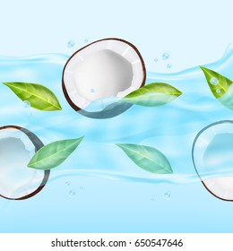 Coconut with green leaves in a water splash. 3d illustration. EPS10 vector