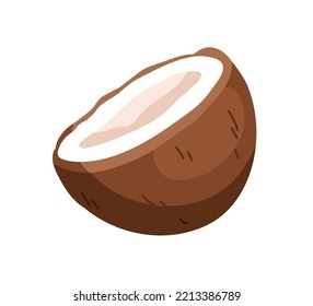 Coconut half. Cut coco nut fruit. Open tropical food with flesh and hard brown shell. Exotic eating, natural nutrition. Flat vector illustration isolated on white background