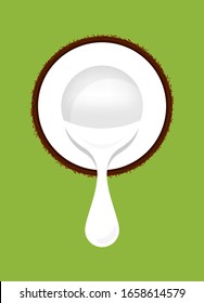 Coconut Half Cut And Coconut Milk White Drop Isolated On Green, Illustration Brown Coconut And Milk Cream Pouring, Clip Art Coconut With White Cream Drop Flow, Vector