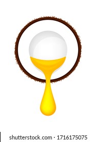 semicorte de coco y gota de aceite de oro amarillo aislado en blanco