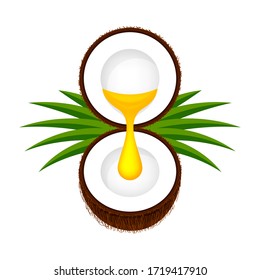 coconut half cut and oil drop yellow gold isolated on white, coconut cooking oil for icon, brown coconut and oily oil pouring, coconut with oil drop flow for cosmetics ingredient, vector