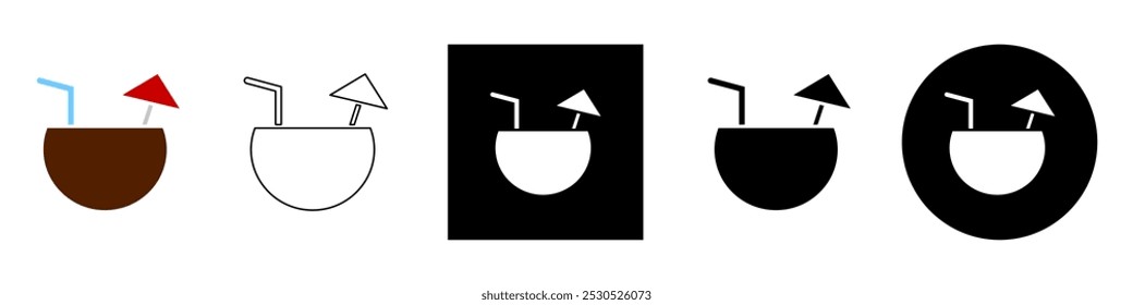 coconut in half drink with straw umbrella , tropical summers drink in beach menu vector pictogram sign icon symbol ui and ux design, glyphs and stroke line