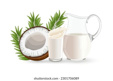 Coconut, half a coconut, a jug and a glass of milk with splashes on a white background. Illustration, vector