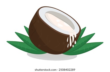 Coconut half with leaves and pouring milk, vector colorful illustration