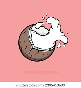 Coconut half with milk splashes. Vector clipart.