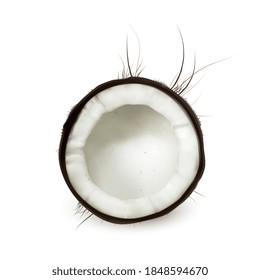 Coconut Half Piece Fresh Tropical Nut Food Vector. Dietetic Cracked Ripe Coconut Portion, Vitamin Organic Nourishment. Natural Nutrition With Hard Shell Template Realistic 3d Illustration