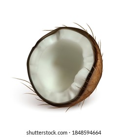 Coconut Half Piece Freshness Exotic Nut Vector. Diet Broken Ripe Coconut Portion, Vitamin Organic Nourishment. Tropic Nature Nutrition With Hard Shell Layout Realistic 3d Illustration