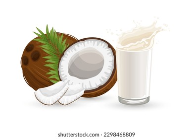 Coconut, half a coconut, pieces of coconut and a glass of milk with splashes on a white background. Illustration, vector	
