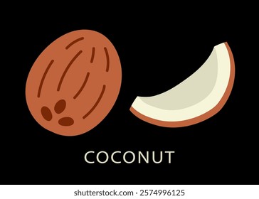 Coconut half and whole fruit. Set of hand drawn abstract colorful fruits. Natural tropical collection. Vector illustration in modern cute flat cartoon style.