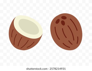 Coconut half and whole fruit. Set of hand drawn abstract colorful fruits. Natural tropical collection. Vector illustration in modern cute flat cartoon style.