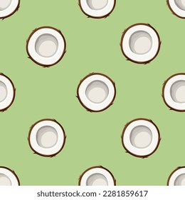 Coconut halves on a green background. Vector seamless pattern