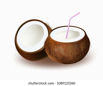 Coconut halves, one of them is  with milk and straw isolated on transparent background. Realistic cartoon style. Vector illustration.