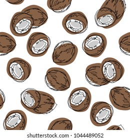 Coconut hand draw vector seamless pattern. Tropical fruit. Summer illustration on isolated white background. Good for backdrop, textile, wrapping paper, wall posters.