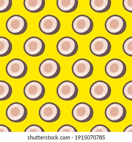 Coconut hand drawn seamless pattern on yellow background. Wallpaper colorful hand drawn illustration. 