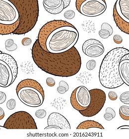 Coconut hand drawn seamless pattern in color and black outlines on white background for textile, print, background, highlights. Vector illustration